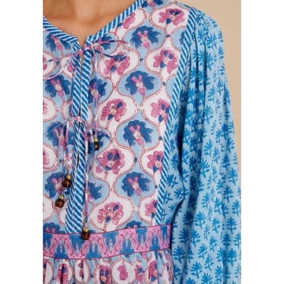 OLIPHANT Tie Front Balloon Sleeve Short Blue Cotton Block Print Dress Tuckernuck - Picture 4 of 16